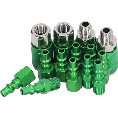 Juego de 4 racores neumáticos universales y 10 tapones de rosca interna fabricados en aleación de aluminio, 1/4" NPT ARO para mangueras de aire. (1/5)