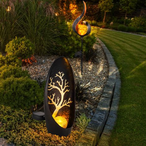 Solarleuchte Dekolampe Außenleuchte Solar Stecklampe Gartenlampe Solar, Metall Glas, 1x Flamme, 1x Baummuster, LED Leuchtmittel, 2er Set