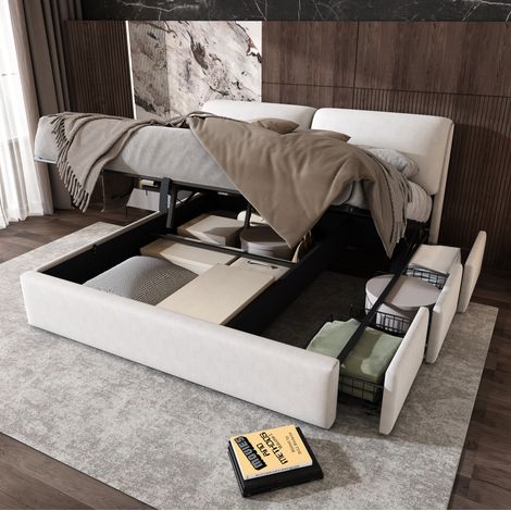 Bett modern gepolstert aus Samt Beige 160x200 cm mit verstellbarem Kopfteil, 3 Schubladen, Stauraum und Lattenrost (1/5)