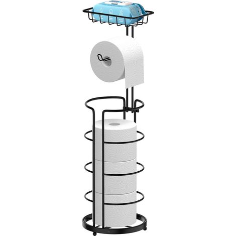 Porte-rouleau de papier toilette debout - Sans perçage - Moderne - En métal - Avec étagère - Pour rouleaux de papier toilette et téléphone portable (noir) (1/5)