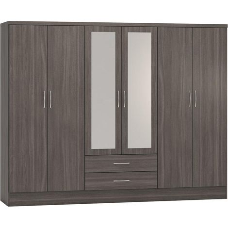 Nevada 6 Door 2 Drawer Mirrored Wardrobe - L52 x W230 x H182.5 cm - Black Wood Grain (1/5)