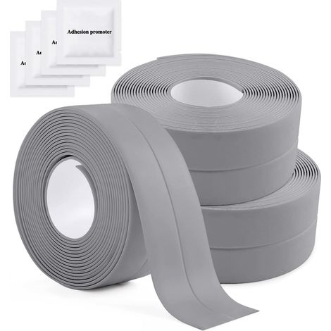 3 rouleaux de ruban d'étanchéité étanche, étanchéité de salle de bain, ruban de calfeutrage auto-adhésif en PVC pour cuisine, toilettes, toilettes, baignoire (gris) - 3,2 m x 3,8 cm (1/2)