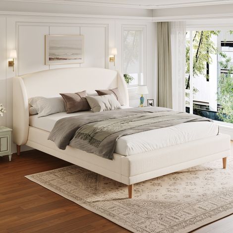 Letto 140x190 cm in tessuto bouclé bianco, testiera a orecchie, rete a doghe inclusa (1/5)