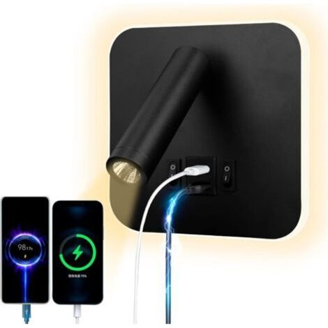 Lampe de lecture LED Applique murale USB Type-C Double interrupteur buccal de charge Réglable 12W Projecteur LED 3000K Lampe de lecture murale Lampe de lit en aluminium Rotatif (rond noir)