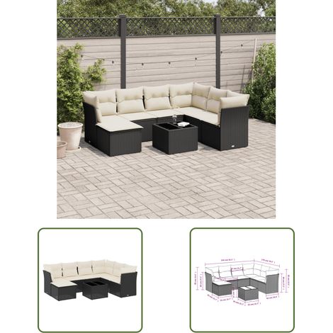 The Living Store 8-tlg. Garten-Sofagarnitur mit Kissen Schwarz Poly Rattan - Gartenmöbel Set - PE-Rattan Möbel - Outdoor Sofa - Esstisch Set - Gartenlounge (1/3)