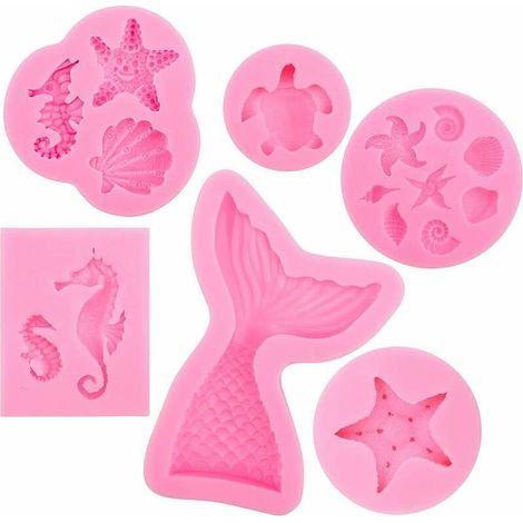 Set di 6 stampi per torte in pasta di zucchero, stampo a coda di sirena, set di stampi in silicone per animali fai da te, stampo per cioccolato, stampo per gelatina (1/5)