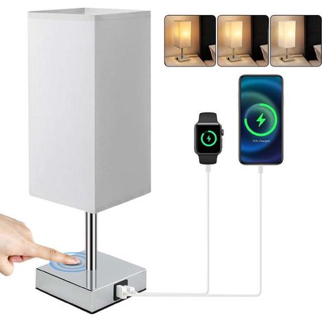 Lampe de chevet tactile avec port de charge USB-C+A, variateur trois positions, abat-jour gris en mousseline, lampe de table (1/5)