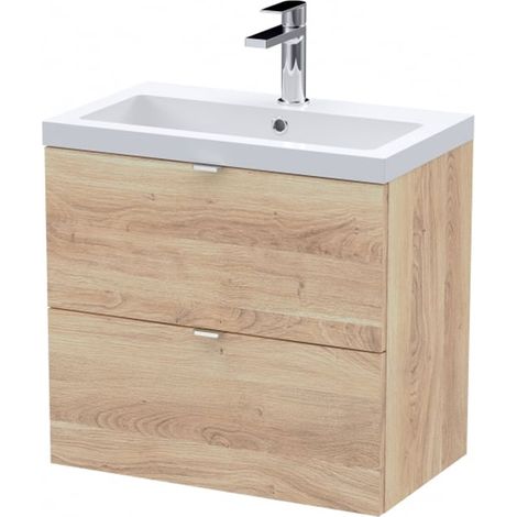 Hudson Reed Fusion Wall Hung 2-Drawer Vanity Unit with Ceramic Basin 600mm Wide - Bleached Oak (1/5)