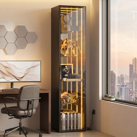 Vitrine noire 160 cm, 5 compartiments avec étagères réglables, porte à cadre aluminium et verre trempé, bande lumineuse LED, charnières à fermeture amortie, 30 x 30 x 160 cm. (1/5)