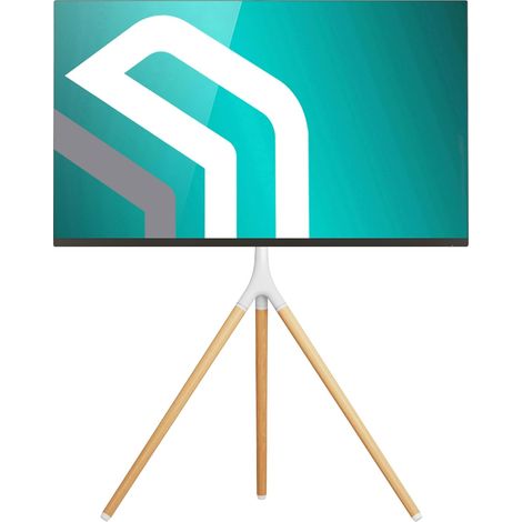 Trepied TV Bois Intérieur pour 32"-65", Support TV sur Pied Poids de 35 kg, Trepied Television Hauteur Réglable VESA 100x100-400x400, Support Télé Pivotant, Chevalet Tele Blanc (1/5)