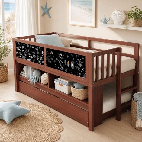 Kinder-Hochbett 90 x 200 cm mit Ausziehbett, offenem Stauraum und Kreidetafel, braun HAVRYA (1/5)