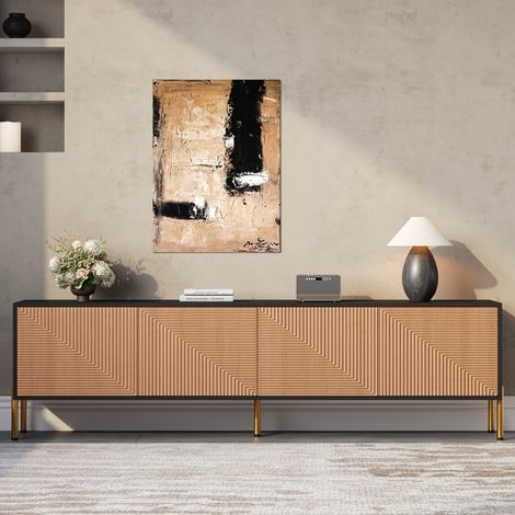 Niedriger TV-Schrank 179 x 35 x 53,5 cm – Wabi-Sabi-Design in Schwarz und Natur mit strukturierten Türen und goldenen Füßen – Schwarz und Holz (1/5)