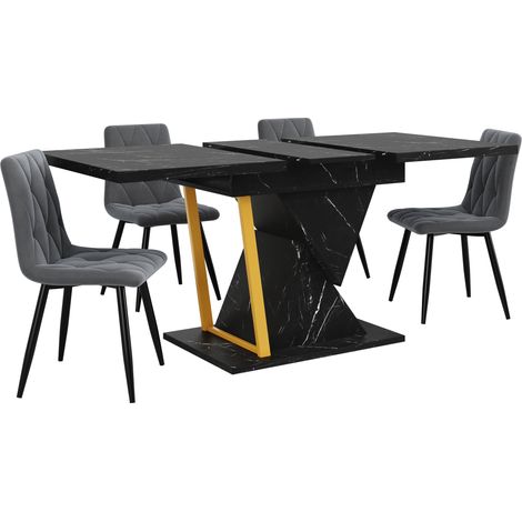 Table à manger extensible en MDF noir avec plateau effet marbre, 110-140 x 80 x 76 cm pour 6 personnes (1/5)