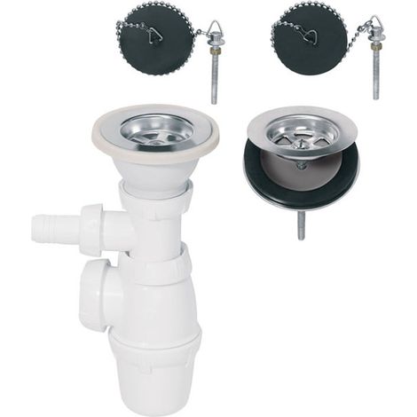Wirquin Pro – Siphon réglable Ø60 pour évier 2 bacs – Débit 60 L/mn – Hauteur réglable 166 à 211 mm – 2 bondes à bouchon avec obturation (1/2)