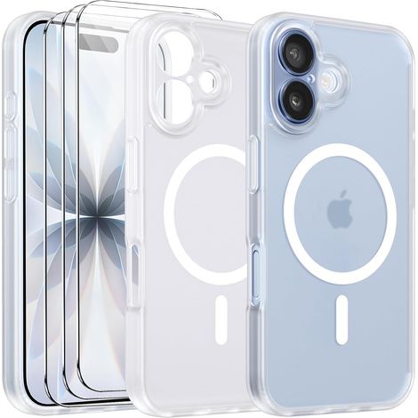 Coque Magnétique pour iPhone 17 6,3 Pouces, Étui Housse Arrière Translucide Givrée, avec 3 Verre Trempé et Outil d'Installation Facile, Compatible avec MagSafe - Transparent Mat (1/5)