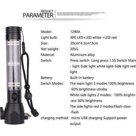 Lampe de poche multifonction 10 en 1 pour voiture - Avec brise-vitre - Coupe-ceinture de sécurité - Lampe de poche solaire multifonction avec 7 modes - Lampe de poche LED pour voiture - Noir