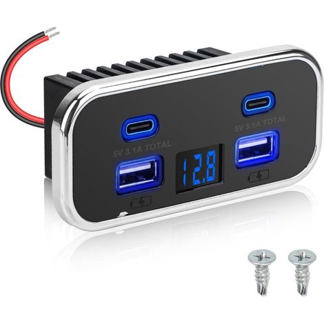 Prise USB RV 62W, Double Ports USB-A et Double Ports Type-C, Panneau de Prise avec Voltmètre pour Voiture, Camion, Bateau 12V/24V (1/5)