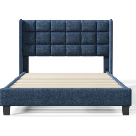 Letto matrimoniale imbottito 140x200 cm in lino blu con rete a doghe HOMVRA (1/5)