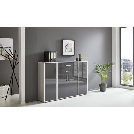 BMG Möbel Regalwand/Schrankwand, Office Edition Set 16, grau/ anthrazit hochglanz