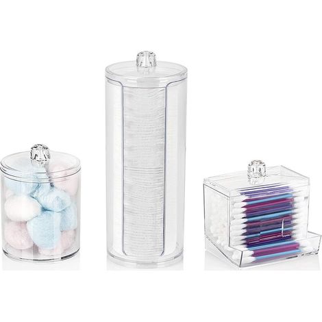 Lot de 3 Boîte de rangement, Distributeur coton, Porte-coton-tige acrylique transparent, Cylindre polyvalent avec couvercle, Pour salle de bain et coiffeuse (1/5)