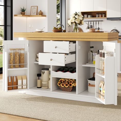 Îlot de cuisine extensible avec table à manger (120-197 cm), pivotant à 360°, avec casier à vin et étagères à apéritif, portes magnétiques, blanc/noir, charge maximale de 60 kg (1/4)