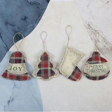 Juego de 4 adornos navideños de arpillera, divertidos y únicos mini adornos para árbol de Navidad a granel, decoración navideña rústica en liquidación, pequeño cuadro rojo a cuadros C (1/5)