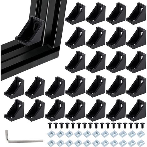 Lot de 30 supports de jonction d'angle 2028 avec vis, connecteur profilé noir avec 60 écrous à fente en fer, 60 vis et 2 clés hexagonales en acier pour accessoires de rail (1/5)
