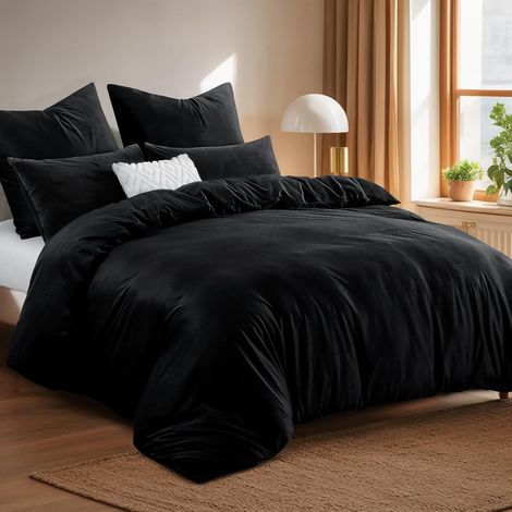 Set Biancheria Letto Flanella Peluche 2 Federe 220x240 cm Nero (1/5)