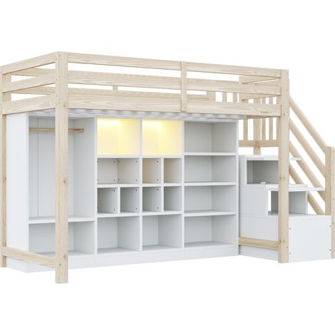 Lit mezzanine 90 x 200 cm avec rangement, armoire, LED et échelle latérale, bois blanc et naturel (1/5)