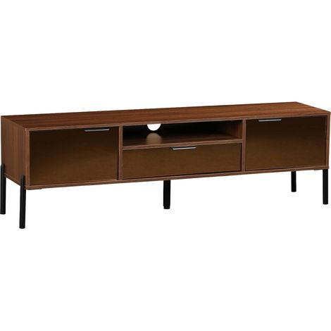 151.5cm vintage TV unit walnut wooden effect 2 doors 1 drawer, Glassy, Walnut, 151.5x38x44.7 cm