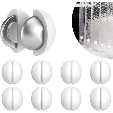 Lot de 8 paires de magnets pour rideau de douche à revêtement en silicone blanc, clips magnétiques anti-rouille et étanches, fixe anti-volant pour rideau de salle de bain (1/5)