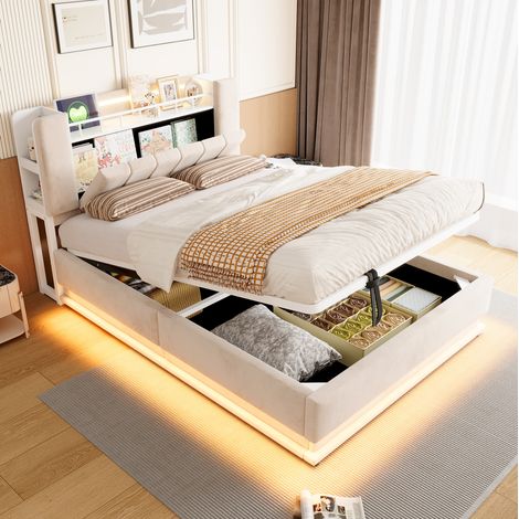 Etagenbett 140/200 cm Beige mit LED, USB-Anschlüssen und hydraulischem Stauraum (1/5)