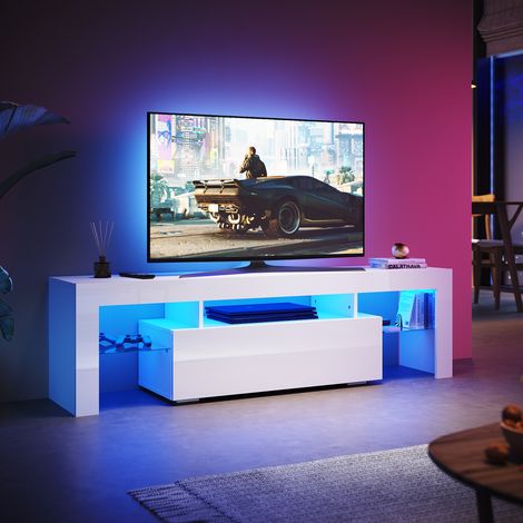 SONNI Modern TV Schrank mit LED-Lichtern, Offenes Glasregal. 1 Klapptür, Geeignet für Wohnzimmer und Schlafzimmer, Weiß, 1600 x 350 x 450 mm (1/5)