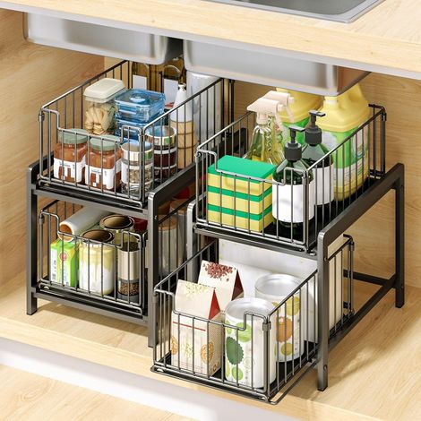 Kitchen Under Sink Shelf Under Sink Storage Cupboard Under Sink Organizer with Drawers for Kitchen Bathroom 29 x 38 x 49 cm (Black) (1/5)