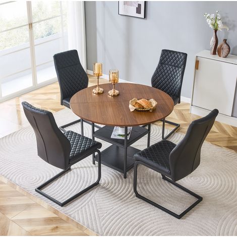 Conjunto de comedor con mesa redonda y 4 sillas, Ø 107 cm, 2 estantes, negro y nogal DESVIAE (1/5)