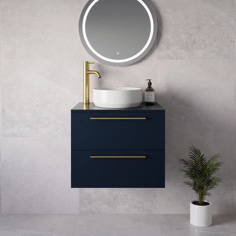 Napoli 460 Deep Blue 600mm Wall Mounted 2 Drawer Vanity Unit for Countertop Basins - 600mm - Brushed Brass 320mm Handle