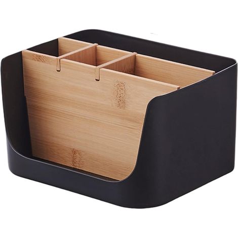 Organiseur de bureau avec 5 compartiments, organiseur de bureau en plastique avec séparateur en bois mobile, porte-stylo pour fournitures à domicile et papeterie scolaire (1/5)