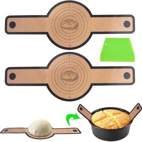2 Pièces Tapis de Cuisson en Silicone pour Dutch Oven,Anti-adhésif Élingues a Pain avec Longues Poignées,Réutilisable Tapis de Cuisson Silicone pour Pain avec Découpe-Pâte,pour Gâteaux,Biscuits,Pizzas (1/5)