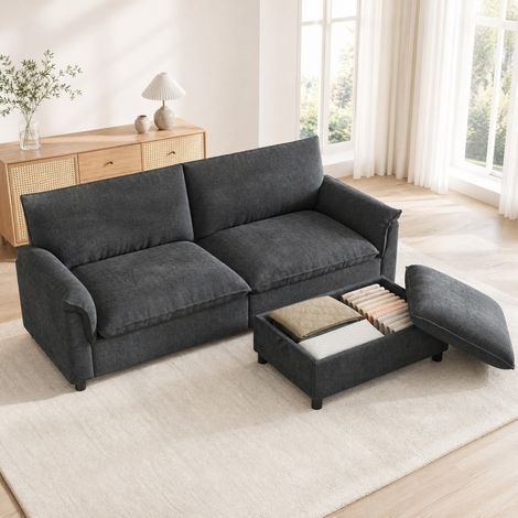 Sofá modular 216/77/82 cm negro de chenilla con puff arcón y función cama auxiliar (1/5)