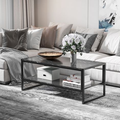 Table basse décor simple marbre texturé noir et acier 106x50x47 cm rangement 2 niveaux salon bureau 50kg (1/5)