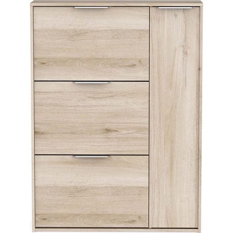 Meuble à chaussures 3 abattants 1 porte couleur chêne - Largeur 90,7 x Profondeur 26,1 x Hauteur 122,9 cm (1/5)