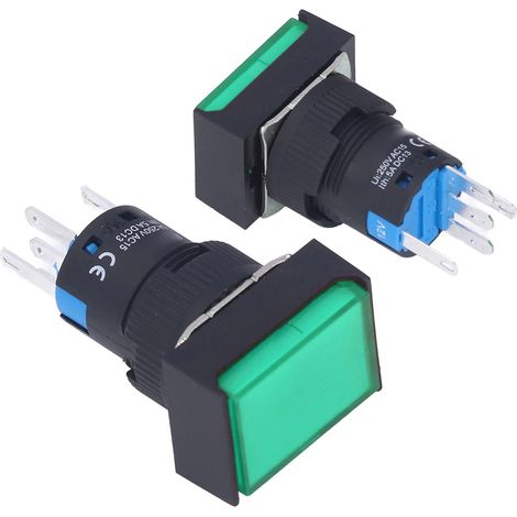 12V selbstverriegelnder beleuchteter Drucktaster, 16mm rechteckig, grün, Packung mit 25 Momenttastern mit LED-Anzeige. (1/5)