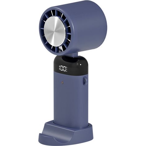 Ventilador de mesa portátil con brazo articulado y ángulo ajustable de 90°, batería de 3600 mAh, 3 velocidades, base que sirve como soporte para teléfono e indicador de batería.