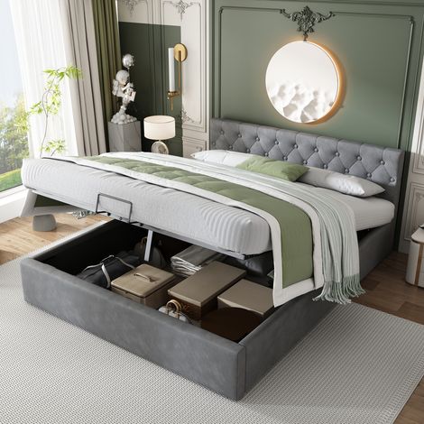 Cama de 140x200 cm, canapé tapizado, cama doble adulto, somier de láminas, terciopelo, sin colchón, color gris (1/5)