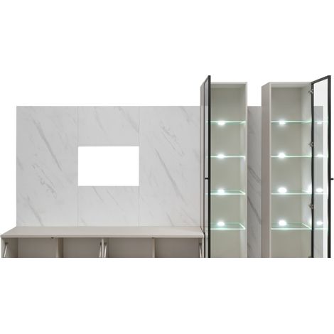 Ensemble meuble TV mural Glam II avec vitrine et éclairage LED - Bois MDF cachemire et effet marbre blanc - 300 x 175 x 45 cm - Livraison gratuite (1/5)