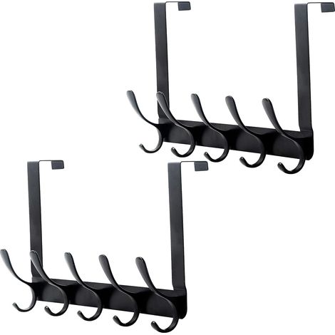 Porte-manteau de porte, 5 crochets pour vêtements, serviettes et manteaux, à fixer sur la porte (lot de 2, noir) (1/5)