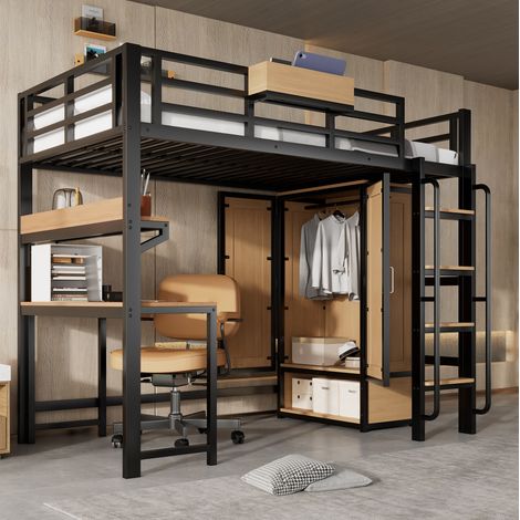 Cama alta con armario de doble puerta y escritorio (204x95x168.5 cm), con escalera, estantes y metal y madera negro y natural (1/5)