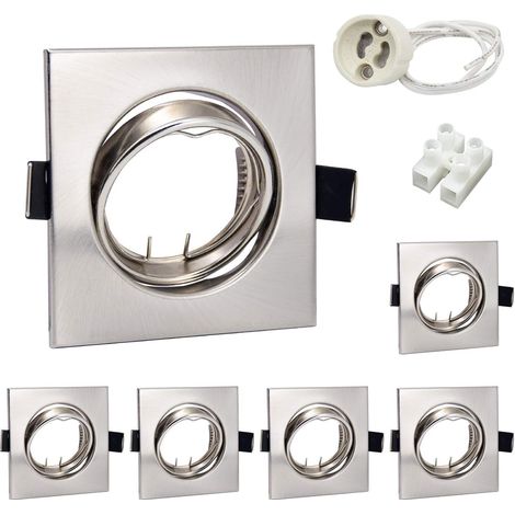 Set of 6 GU10 Recessed Spotlights, Square Stainless Steel Mounting Frames for Recessed Spotlights 68 mm with GU10 Socket, 30° Swivel, AC 220-240V, Round, for LED or Halogen Lamps (1/5)