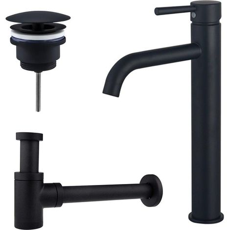 Fortifura Calvi Kit mitigeur lavabo - robinet rehaussé - bonde non-obturable - siphon design bas - Noir mat
