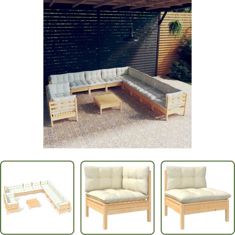 Terrassensofa -  12-tlg. Garten-Lounge-Set mit Creme Kissen Massivholz Kiefer (1/5)
